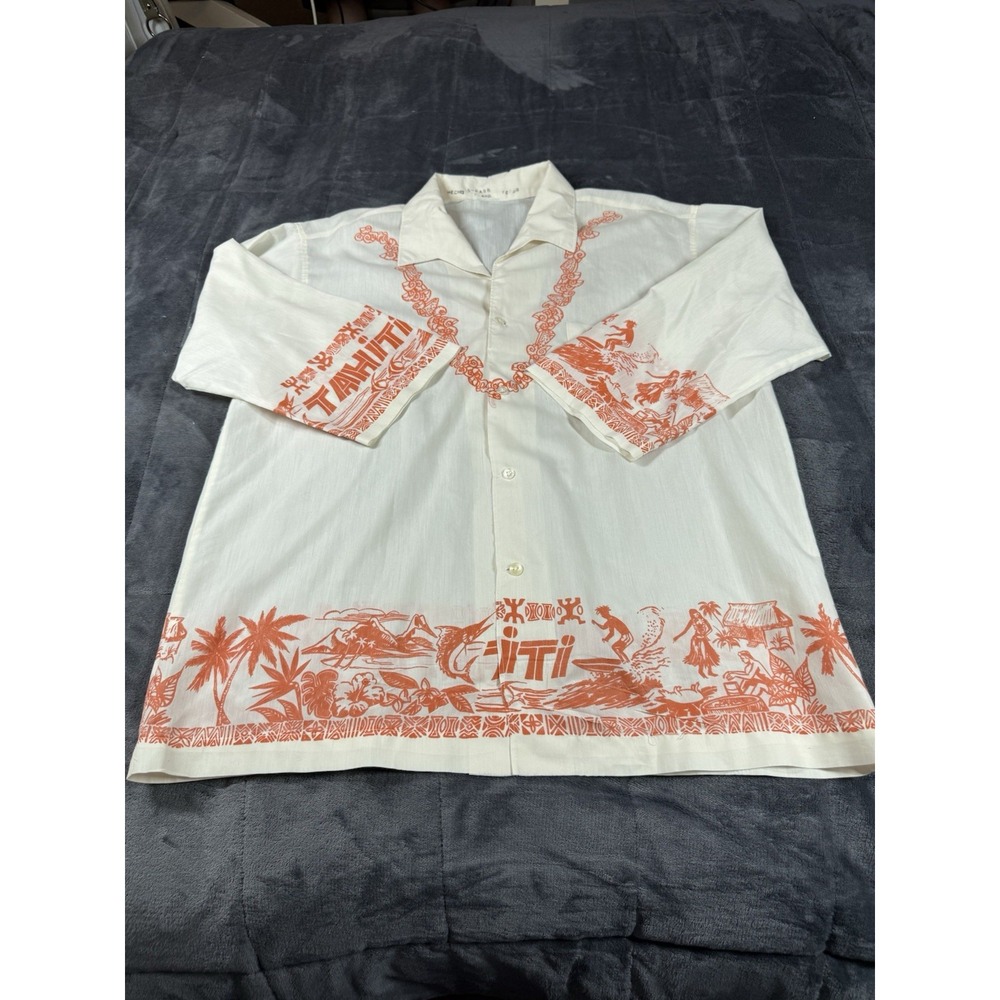 Tahiti Imports 50s Hawaiian Mens Shirt beige, 3/4 Sleeve Button Up Size L/XL‎
